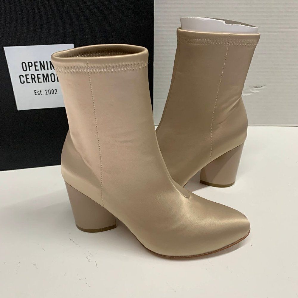 $395 Opening Ceremony Dylan Satin Leather Booties 35EU 5US Tan Champagne